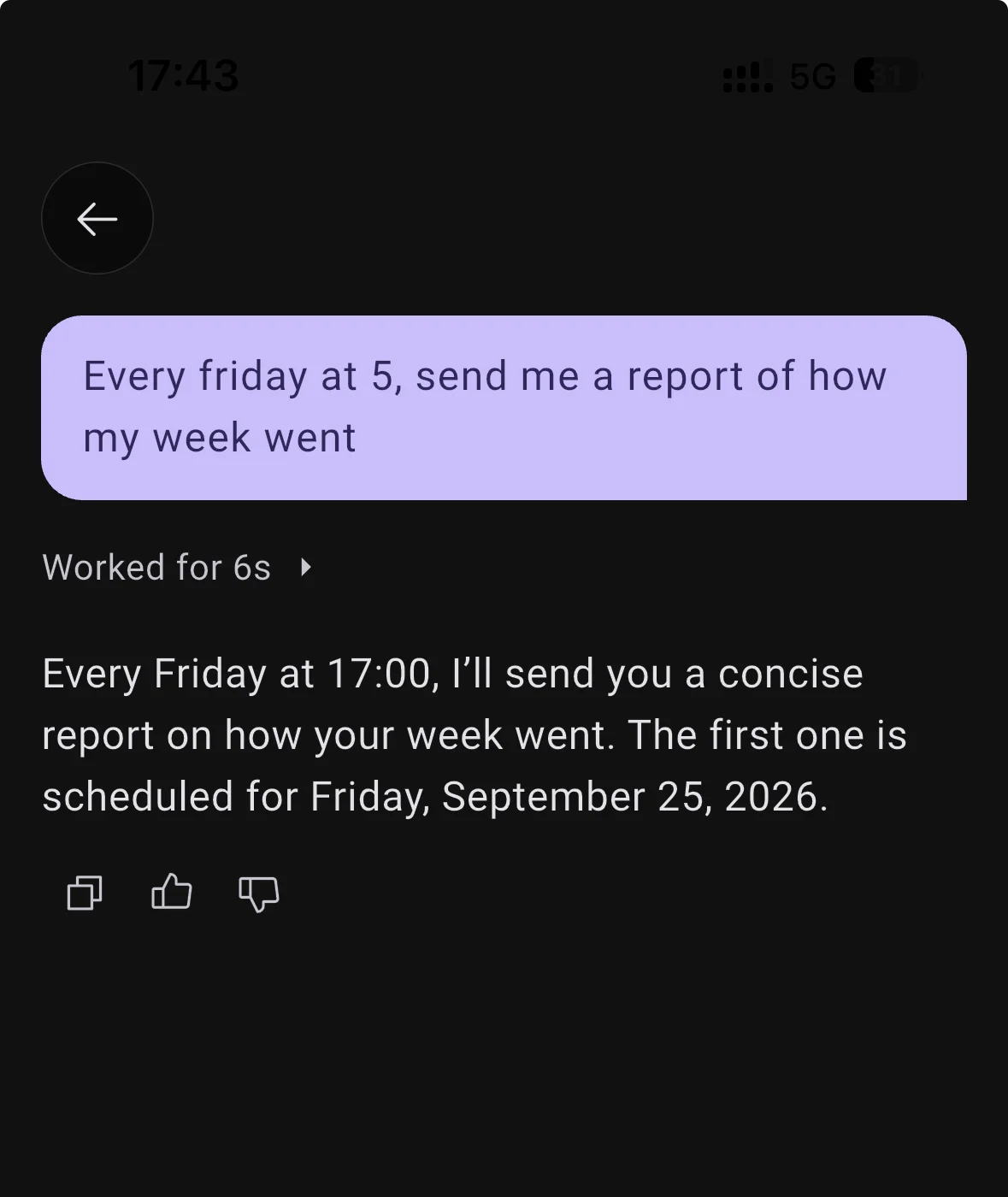 Asking for a weekly report in chat, and BrightMind confirming the first one for Friday