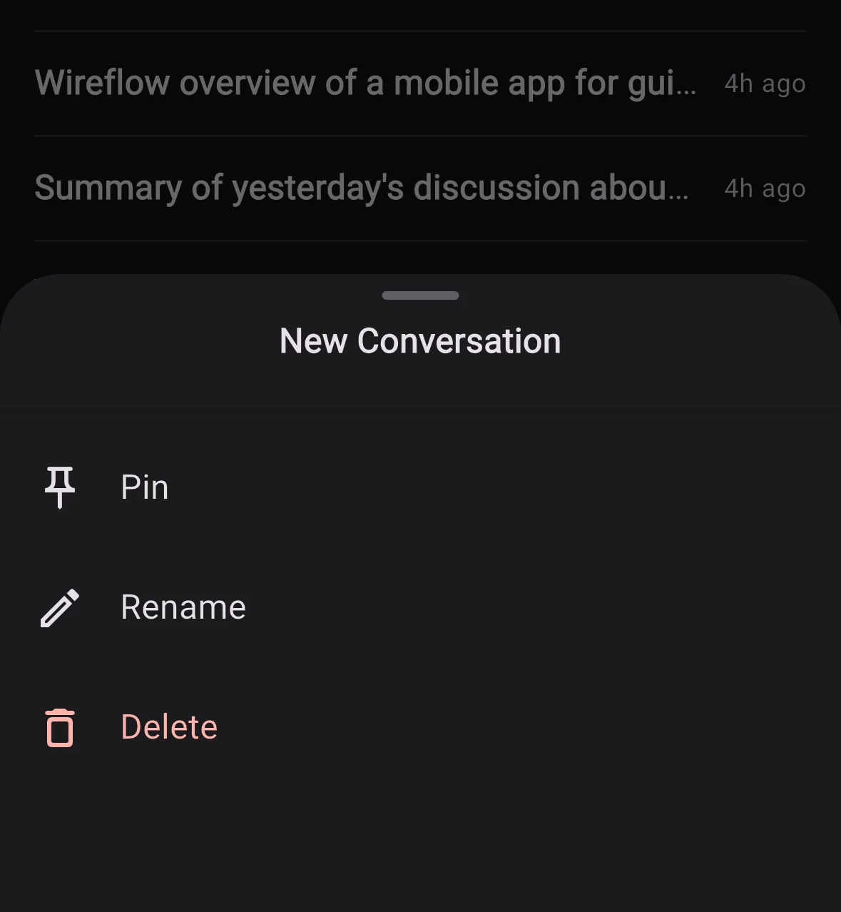 Bottom sheet showing Pin, Rename, and Delete actions for a conversation