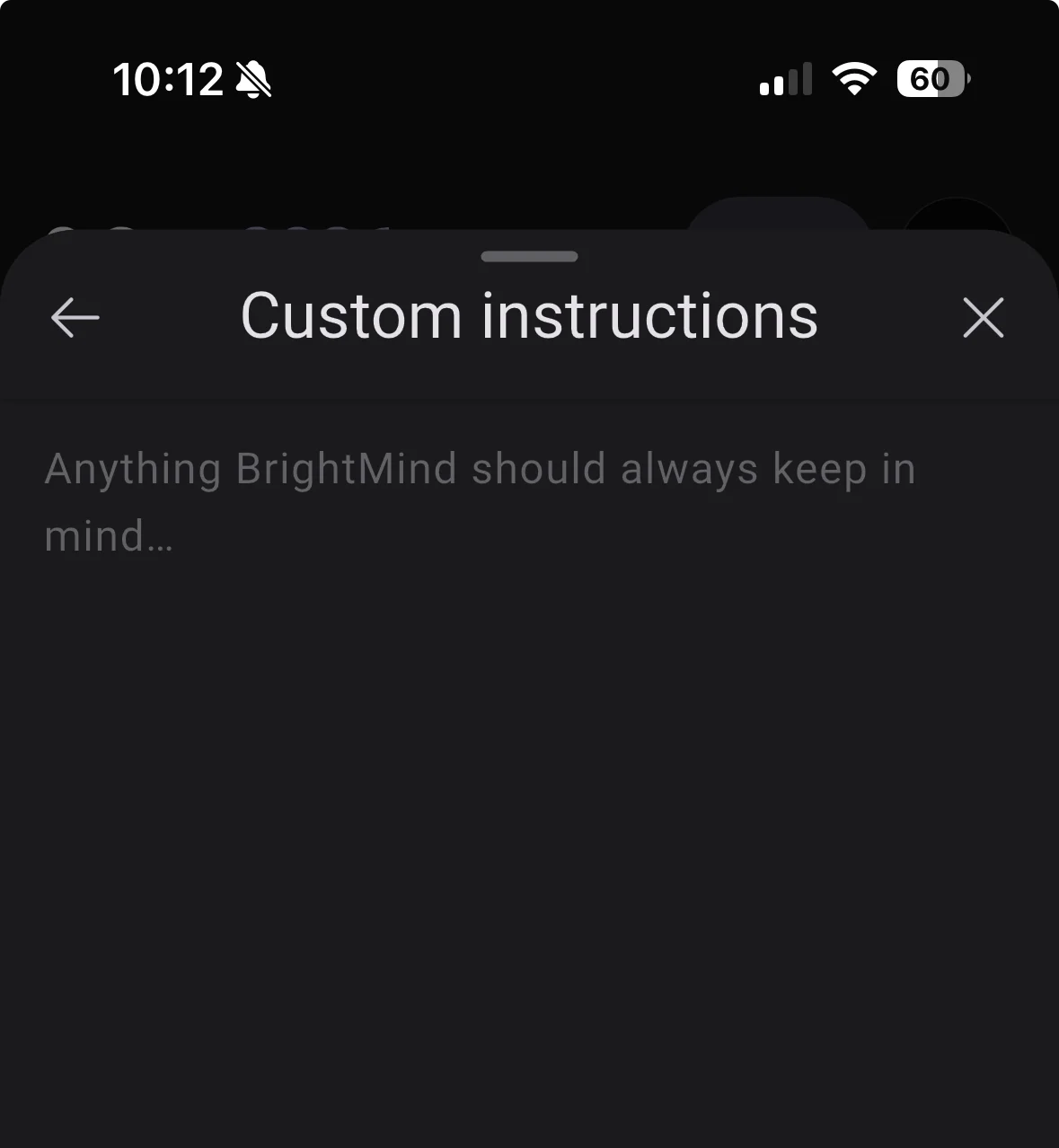 An empty custom instructions editor reading anything BrightMind should always keep in mind