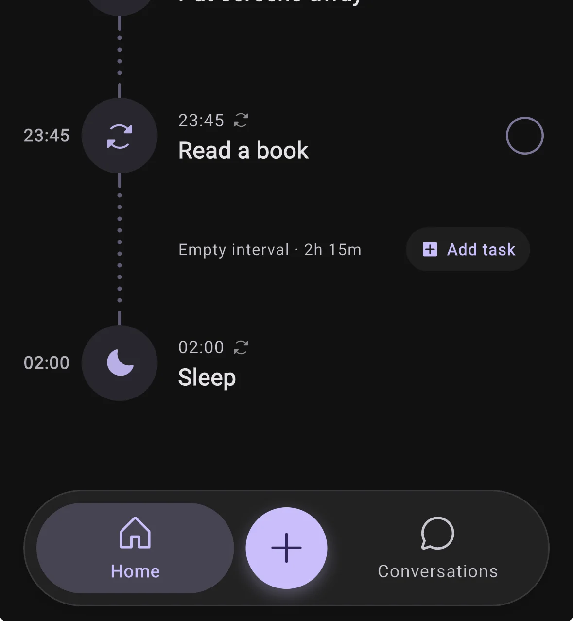 Home timeline evening with Put screens away at 23:00, Read a book at 23:45 and Sleep at 02:00