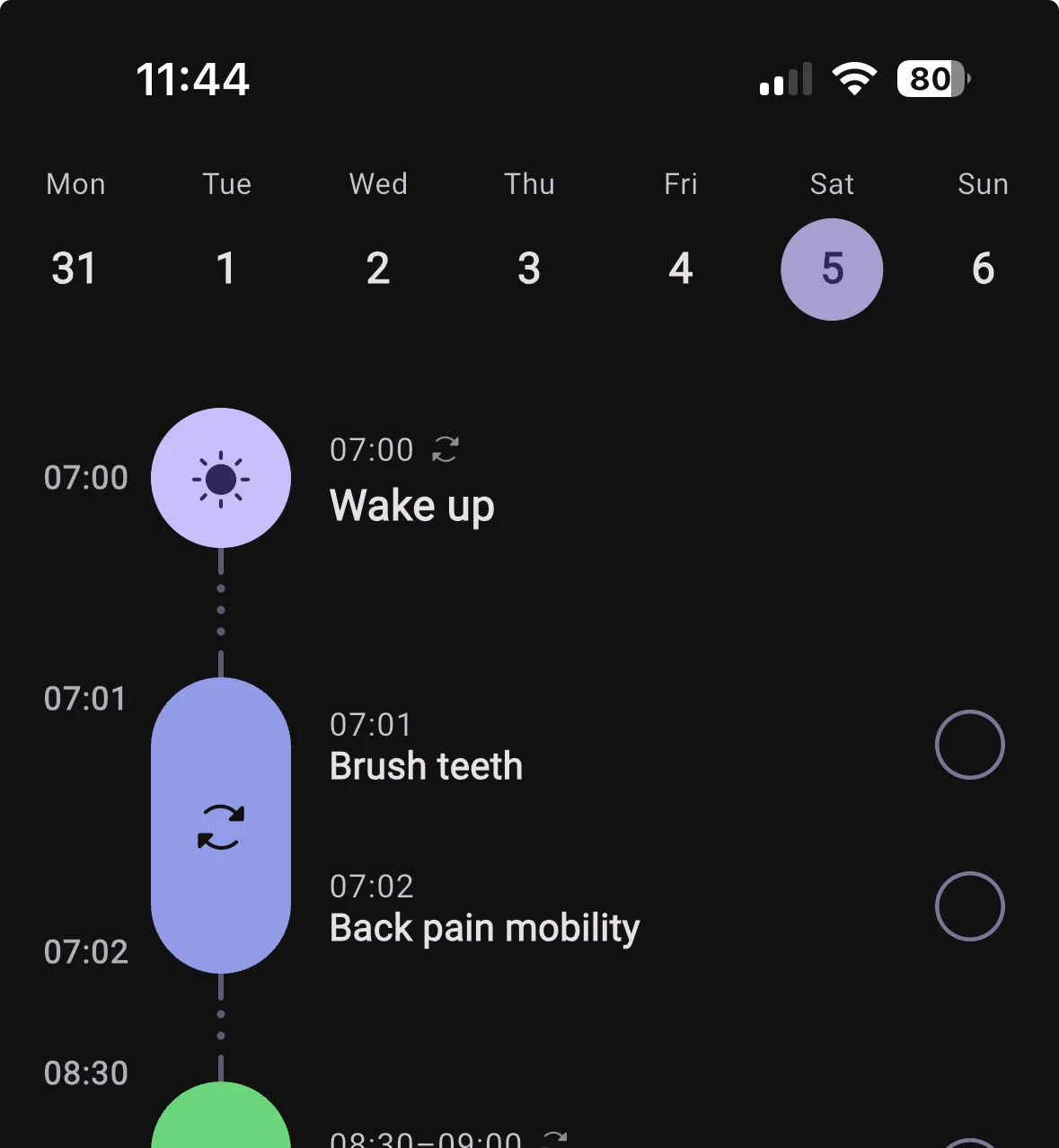 Home timeline showing a wake up habit, a grouped morning routine and a completed breakfast block