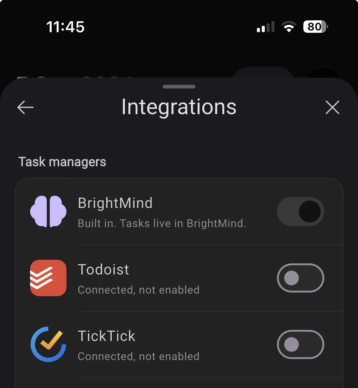 Integrations sheet listing BrightMind as a built in task manager above Todoist, TickTick and Google Tasks
