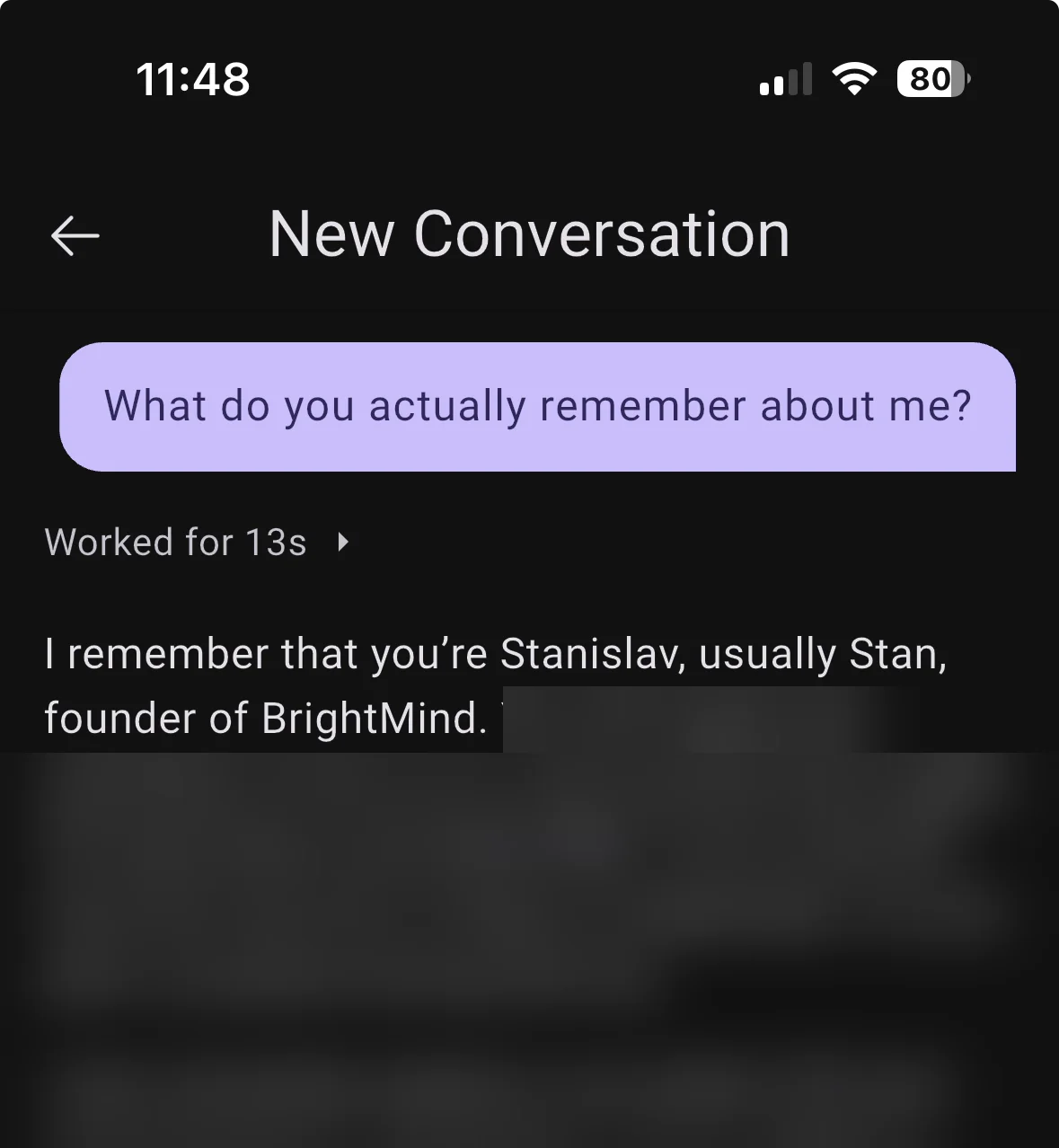 Chat asking what BrightMind actually remembers, with the reply opening on the user's name and role
