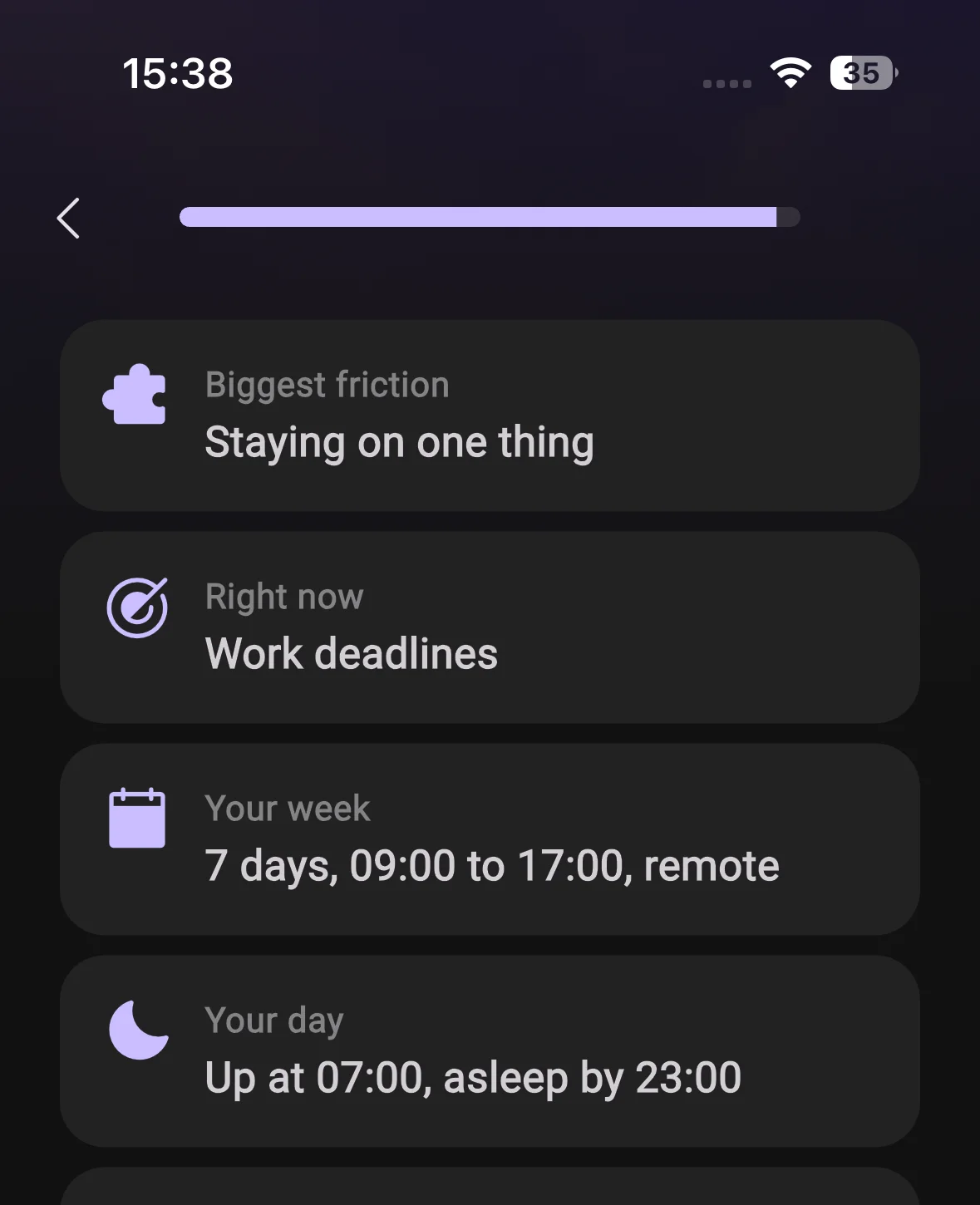 The closing summary listing friction, focus, week and day