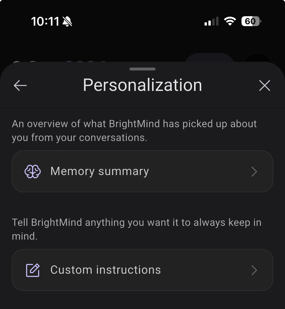 Personalization page with a Memory summary row and a Custom instructions row