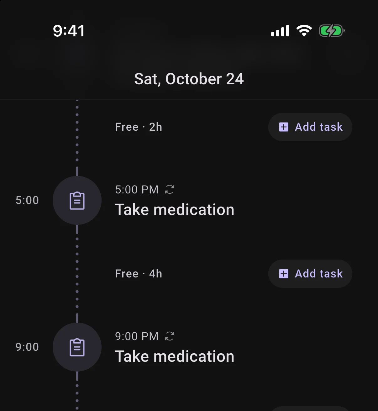 Home on Saturday with Take medication repeating at 5:00 PM and 9:00 PM