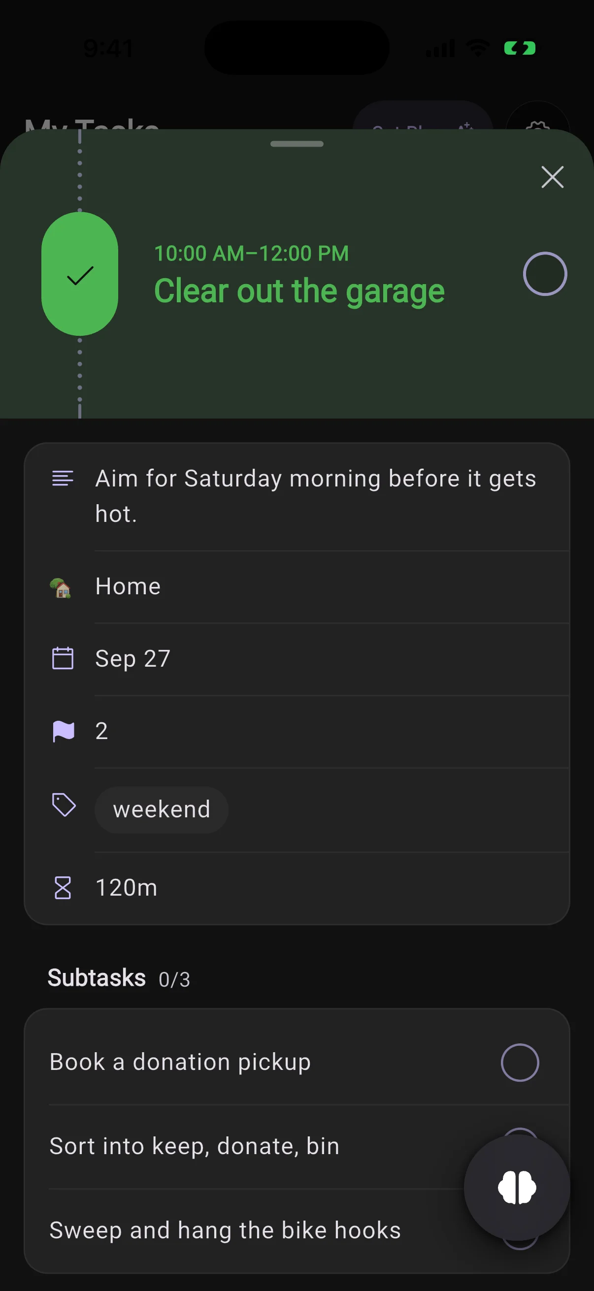 The task sheet for Clear out the garage, with its note, list, date, priority, label and three subtasks