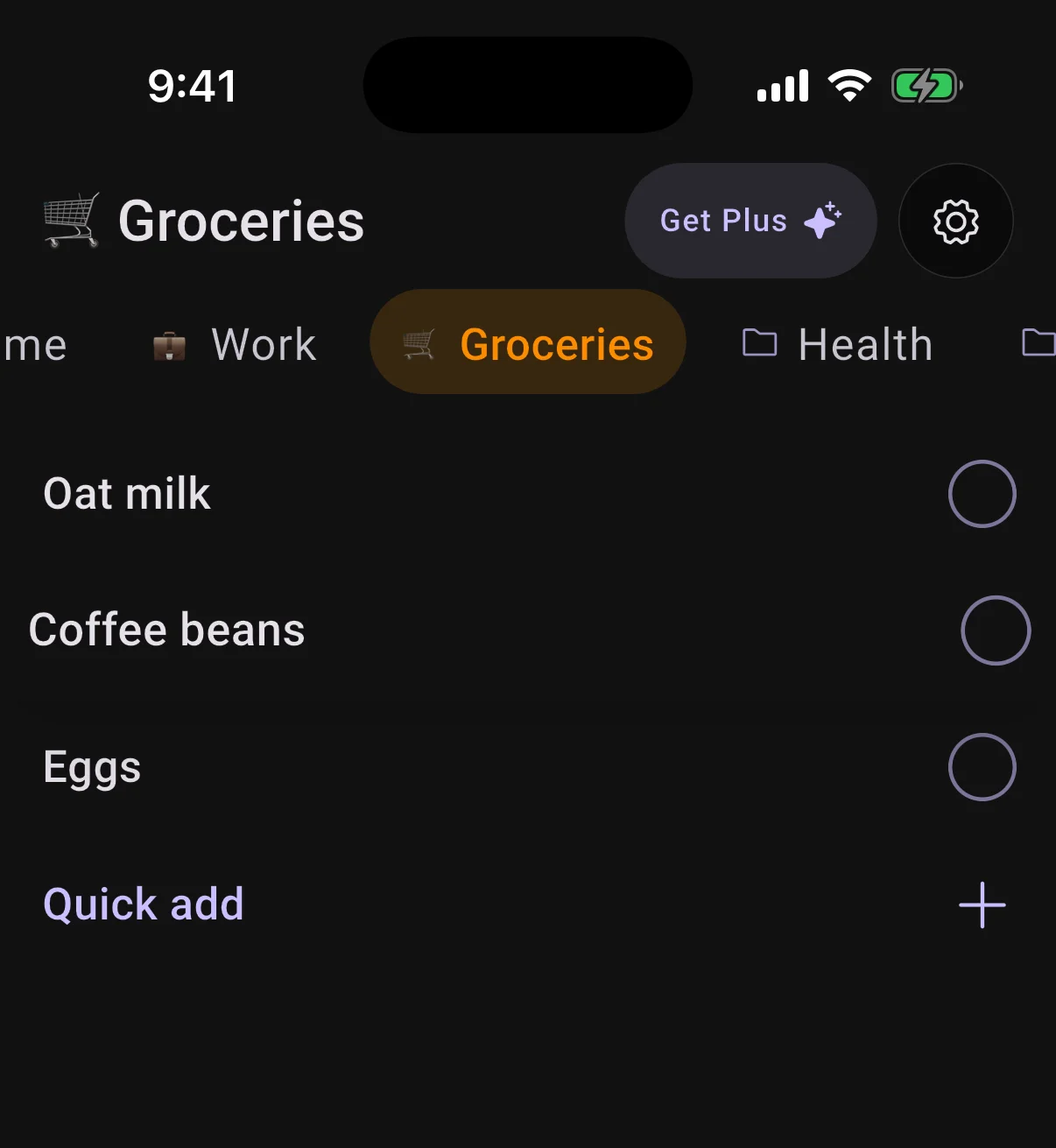 Coffee beans lifted mid-drag between Oat milk and Eggs in the Groceries list