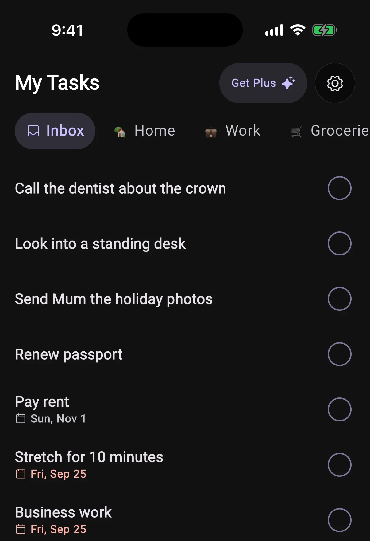 My Tasks open on the Inbox, with Home, Work and Groceries lists in the pill strip above undated tasks
