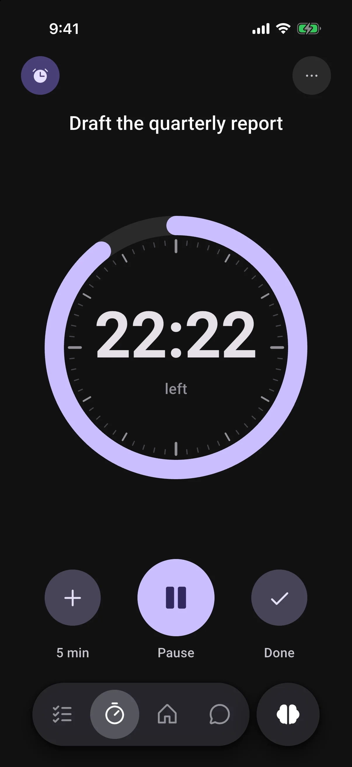 The Timer tab counting down 25 minutes on Draft the quarterly report