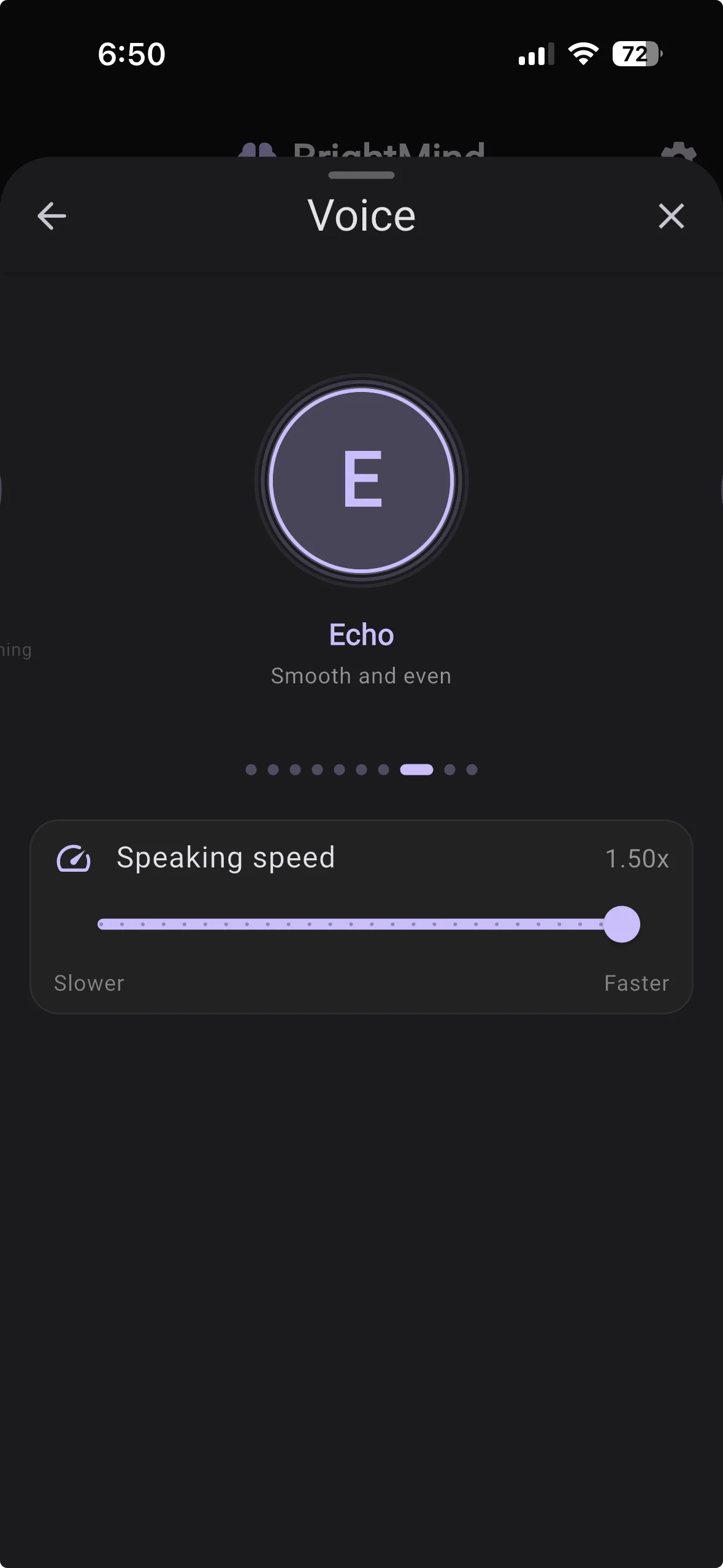 Voice picker showing Echo — Smooth and even — with a speaking speed slider