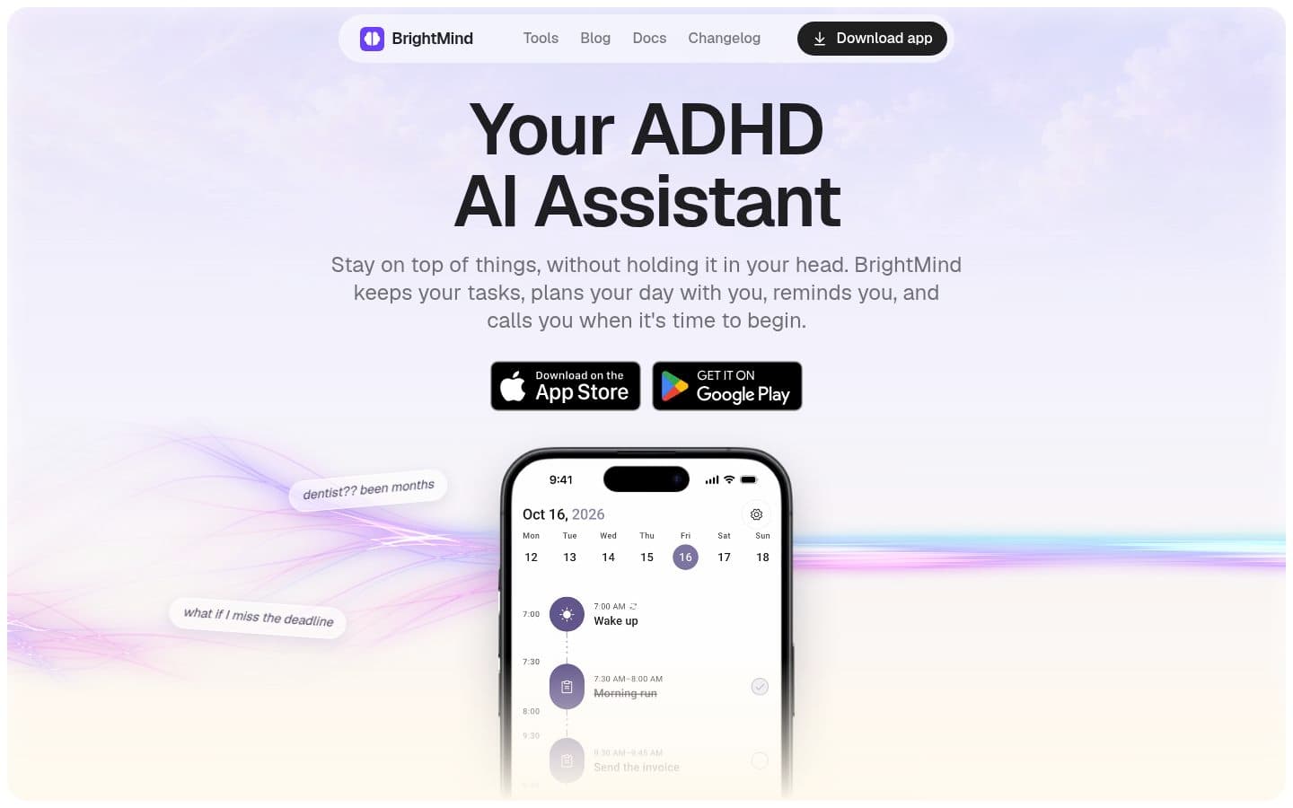 Screenshot of the homepage of BrightMind