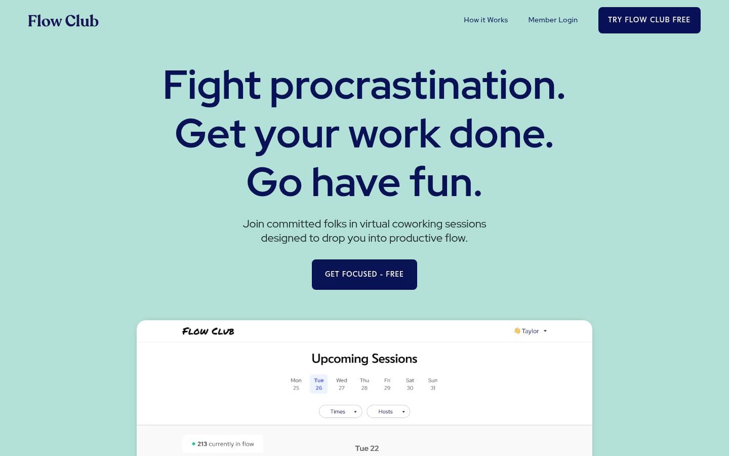 Screenshot of the homepage of Flow Club