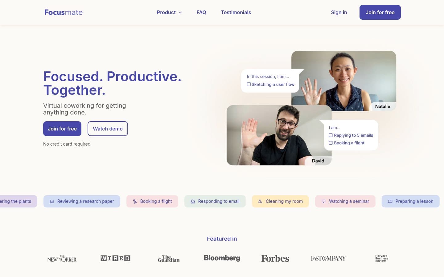 Screenshot of the homepage of Focusmate