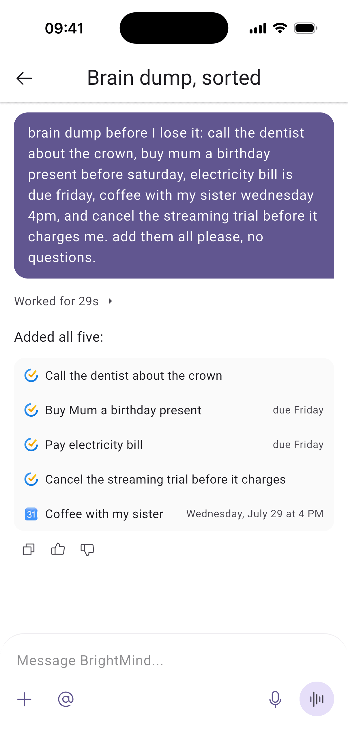 Um descarrego mental enviado ao BrightMind e salvo como cinco tarefas