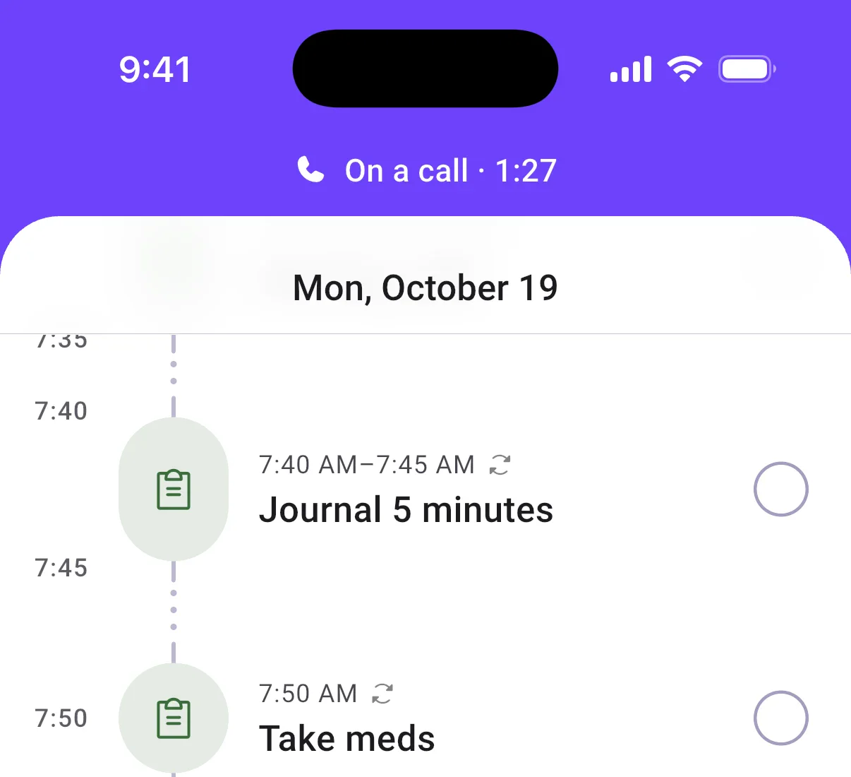 Home with a purple On a call 1:27 bar at the top, above the day timeline