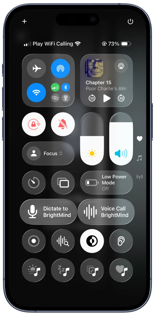 BrightMind Dictate and Voice Call widgets in iOS Control Center