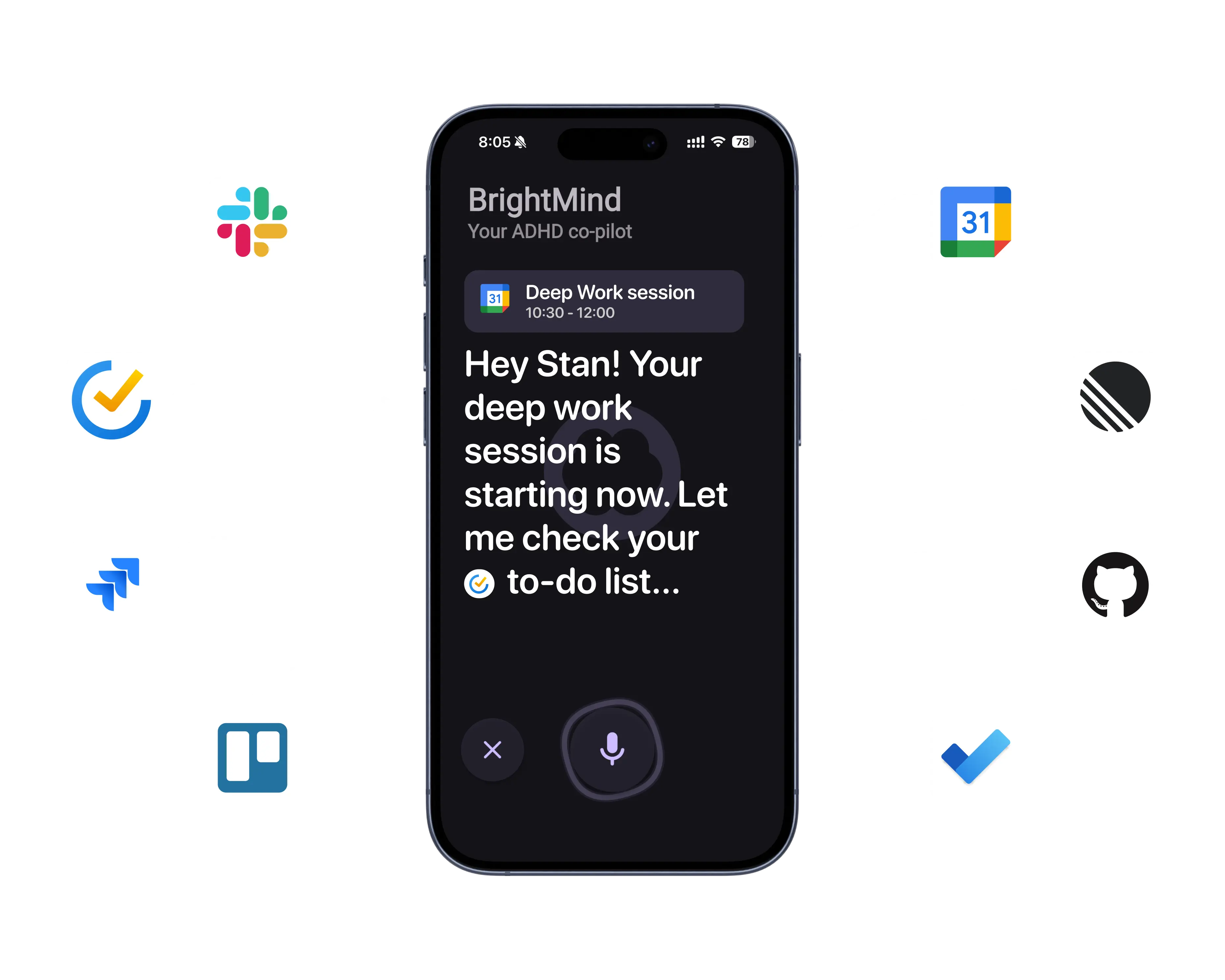 BrightMind app showing voice conversation interface